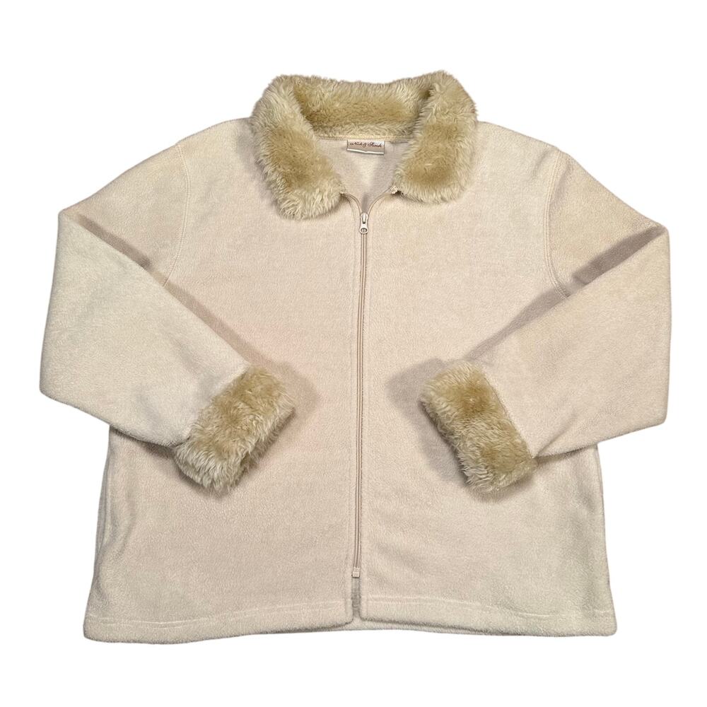Vintage Faux Fur Trim Zip Fleece Jacket Women’s Cream Nick & Sarah 90s/2000s